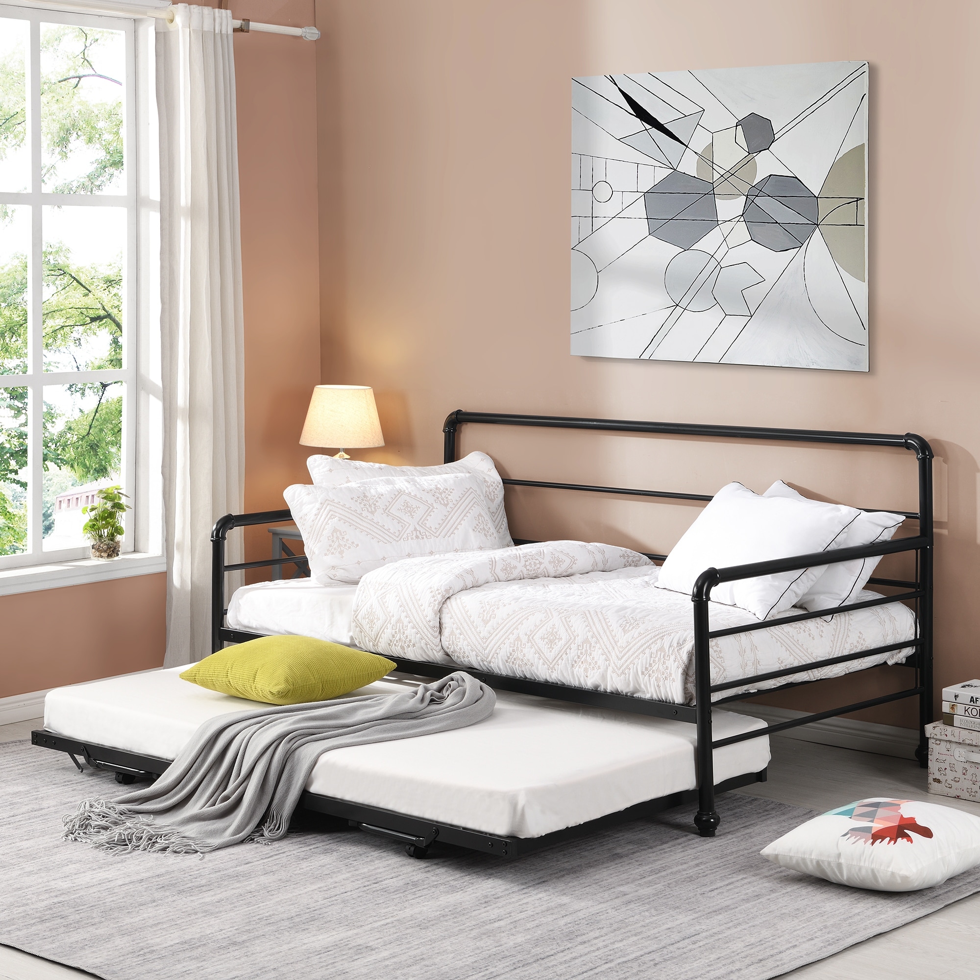 Twin Size Daybed with Adjustable Pop Up Trundle Extendable Daybed