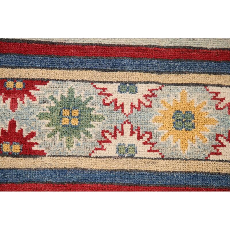 Striped Geometric Kazak Area Rug Hand-Knotted Wool Carpet - 4'11" x 6'7"