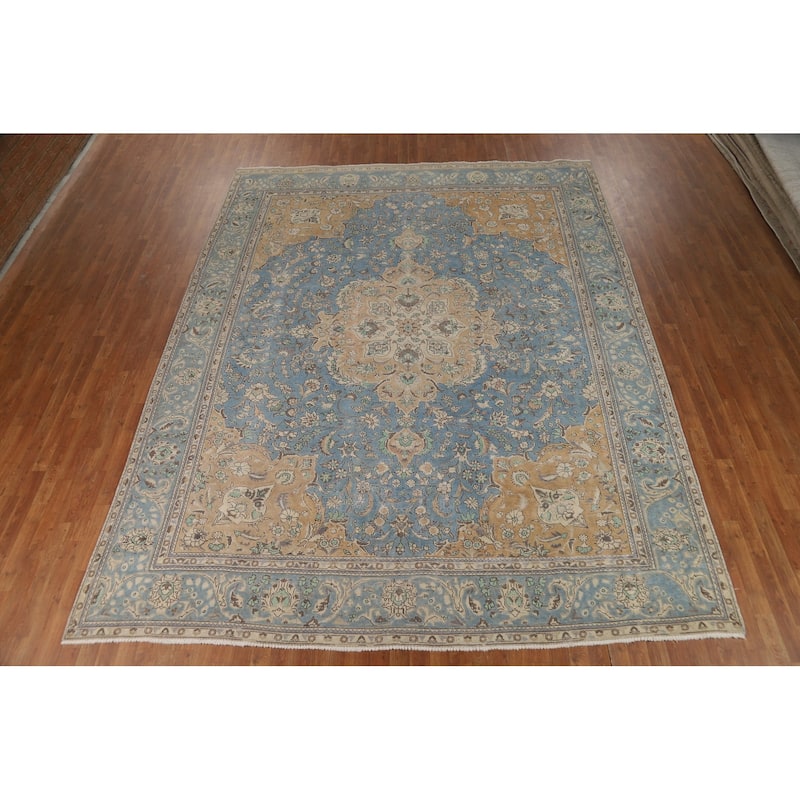 Blue Medallion Tabriz Persian Rug Living Room Handmade Wool Carpet - 9'10"x 12'7"