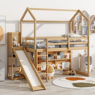 Twin Size House Loft Bed with Slide, Storage Shelves, Light, and Climbing Ramp