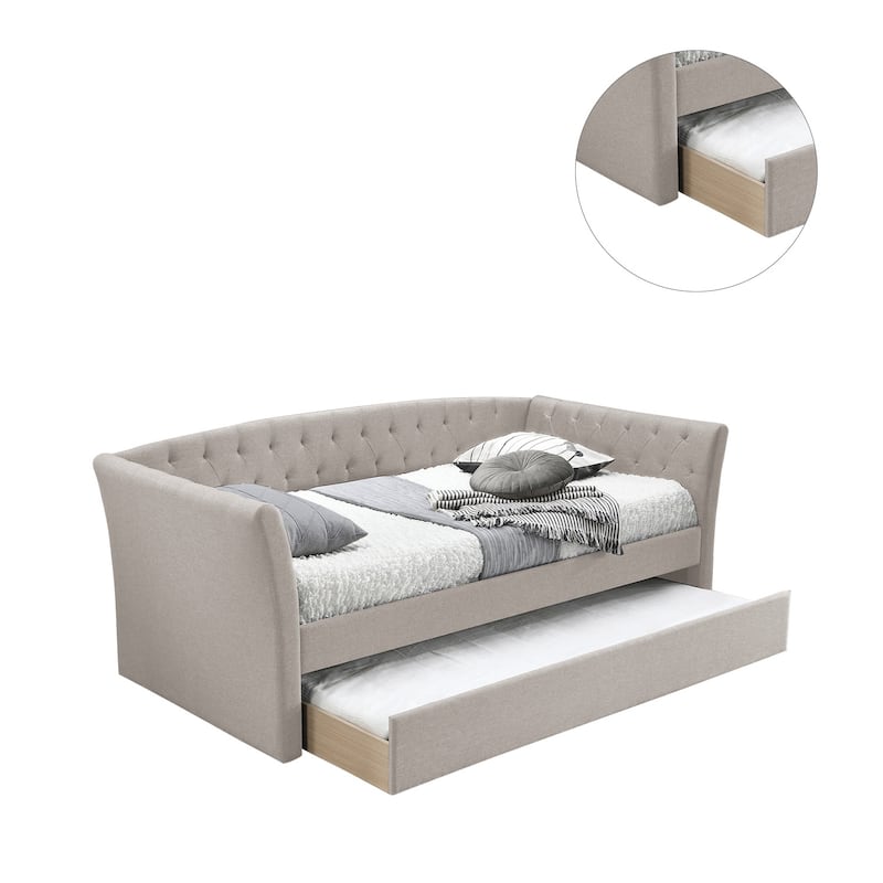 Burlap Upholstered Day Bed With Trundle