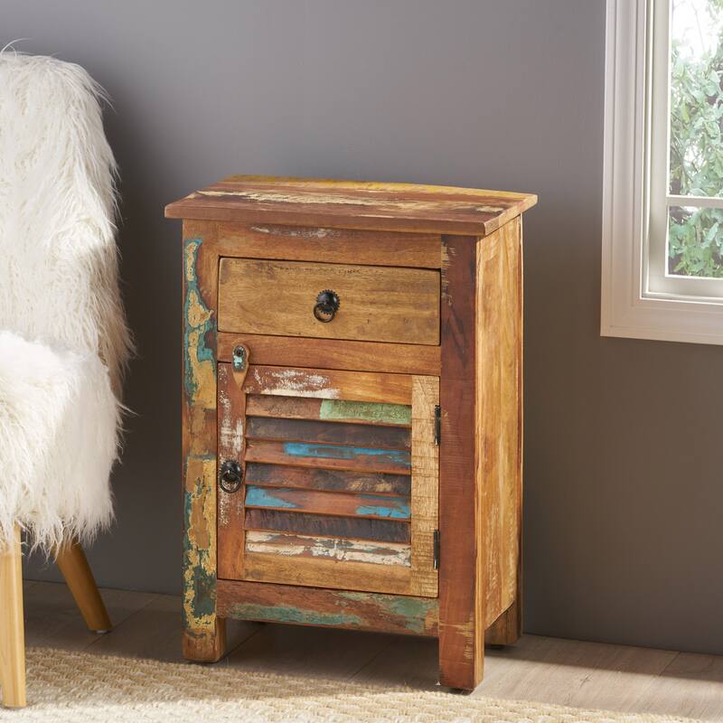 Roomfitters Handcrafted Side Table with Drawer and Cabinet, Recycled Wood with Boho Finish, Natural