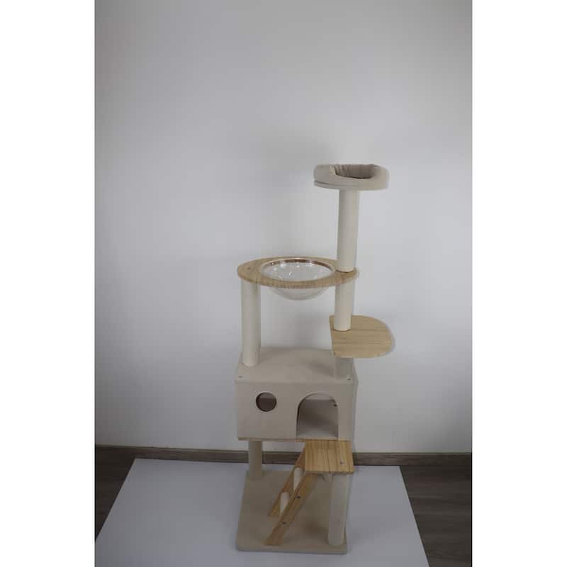 Wood Cat Tree With Large Condo Wood Ladder And Transparent Spacecraft 165cm