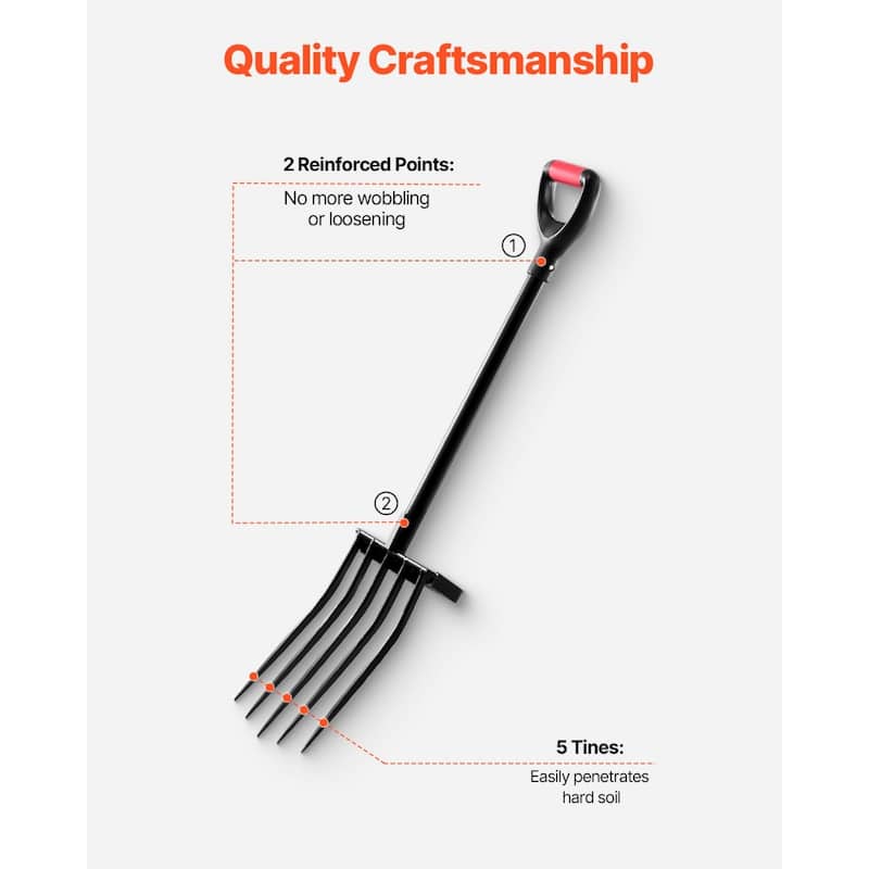 Black Steel Gardening Fork with Forged Head, Ergonomic Non-Slip Handle and Easy Assembly - 41.34 in x 6.69 in
