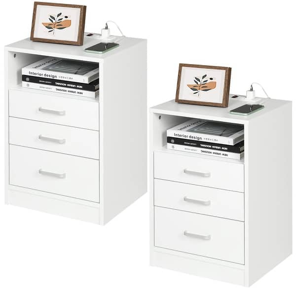 Nightstands Set of 2, White Night Stands with Charging Station, Bedside