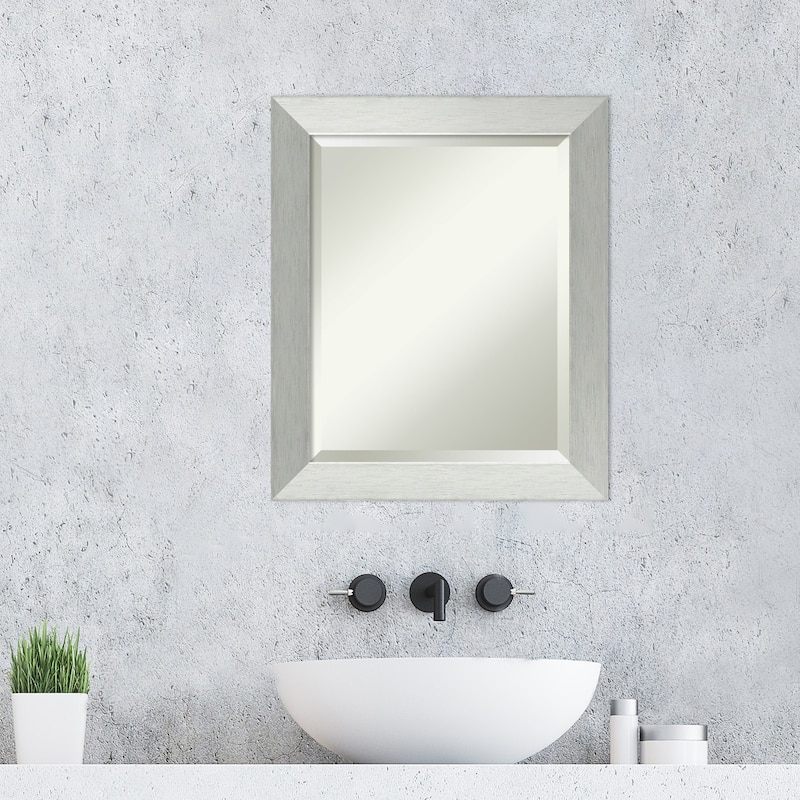 Beveled Wood Bathroom Wall Mirror - Brushed Sterling Silver Frame