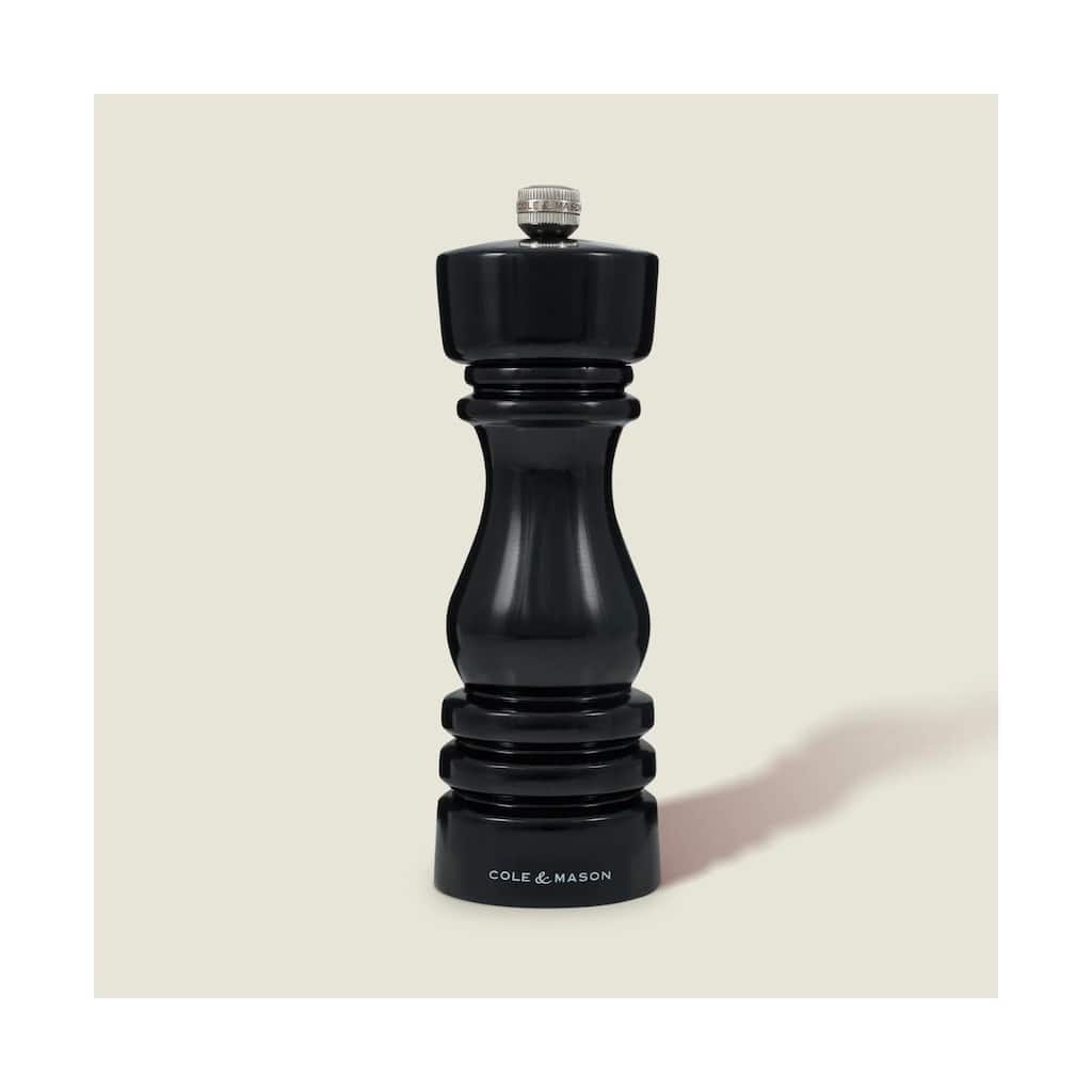 Cole & Mason London Black Gloss Pepper Mill 7" - Adjustable Grind, Carbon Steel Mechanism