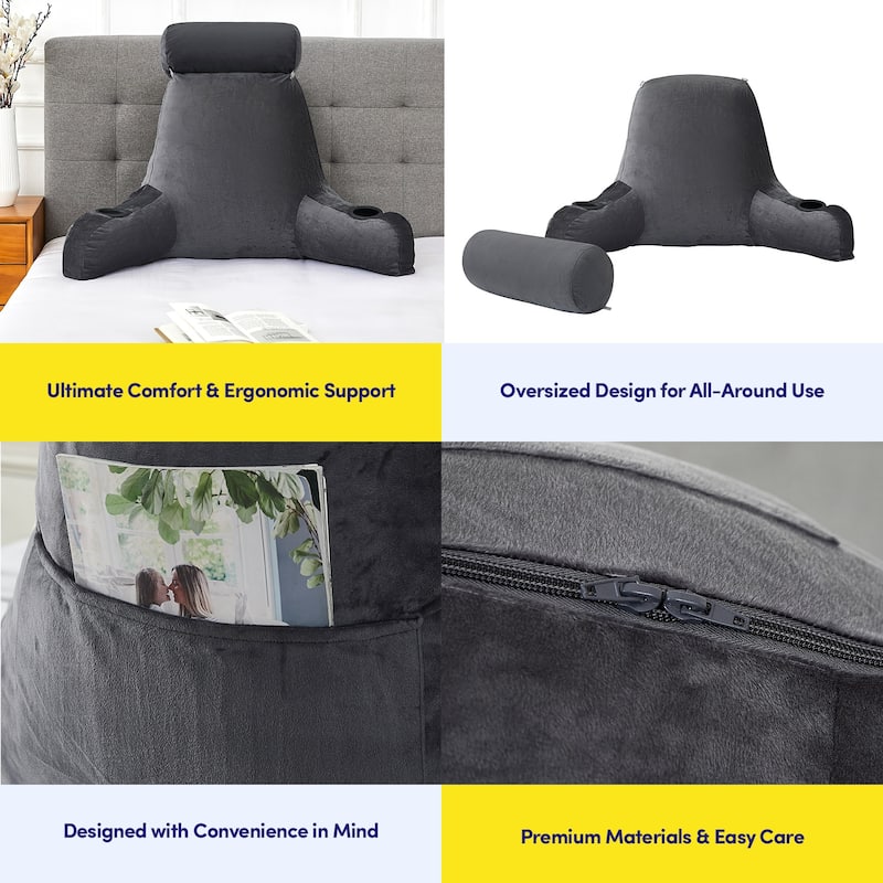 Sweet Home Collection Large Oversized Reading and Bed Rest Pillow with Cup Holders