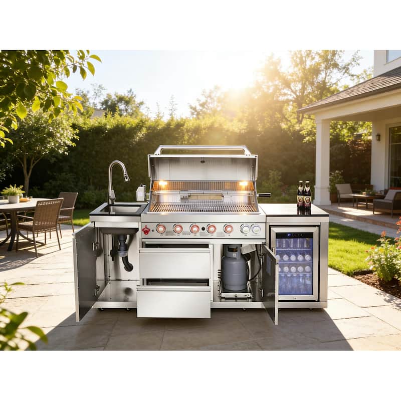 GDFStudio Kryvannon Stainless Steel Outdoor Kitchen Island Grill with 6 Burners and Compact Refrigerator