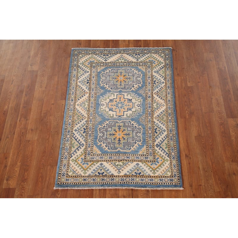 Blue Kazak Oriental Accent Rug Handmade Geometric Wool Carpet - 2'9"x 4'1"