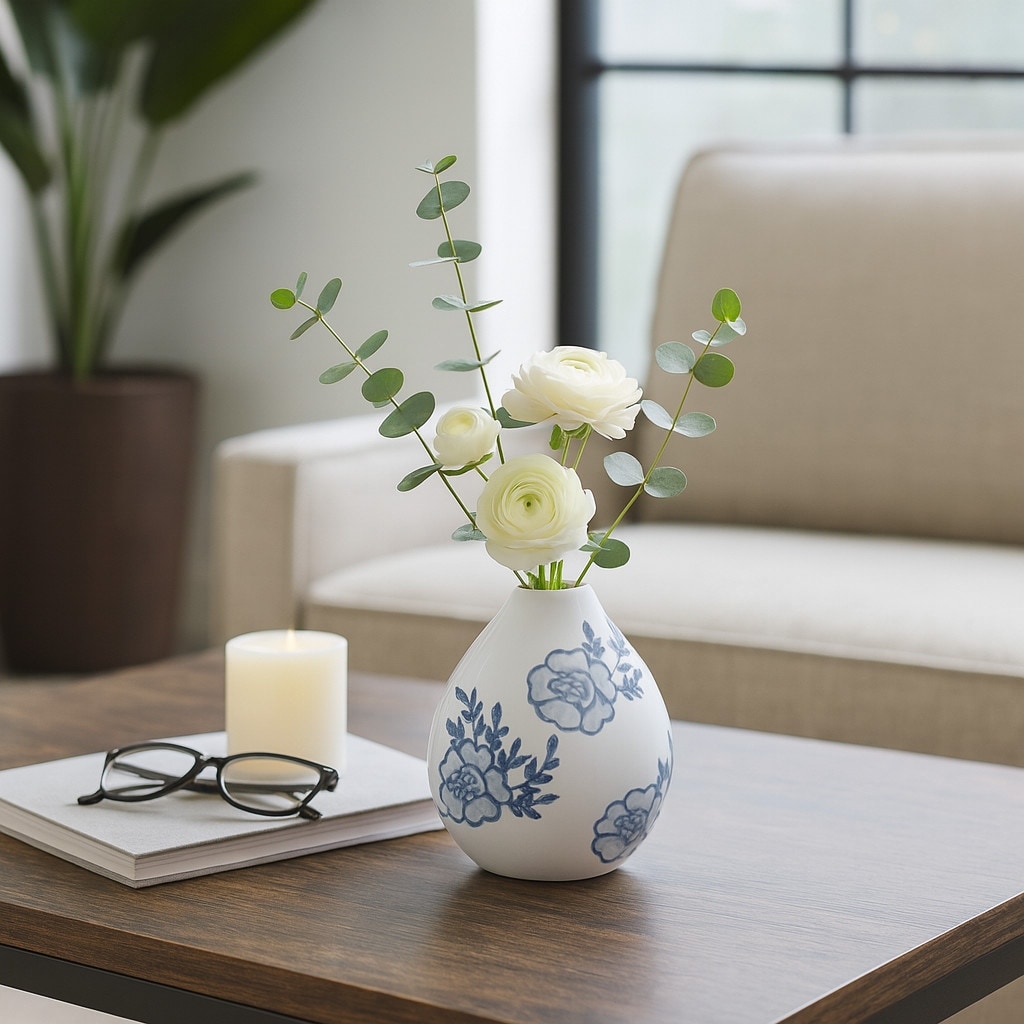 Decorative Vase - Blue/White Ceramic Chinoiserie Bud, 5 in.