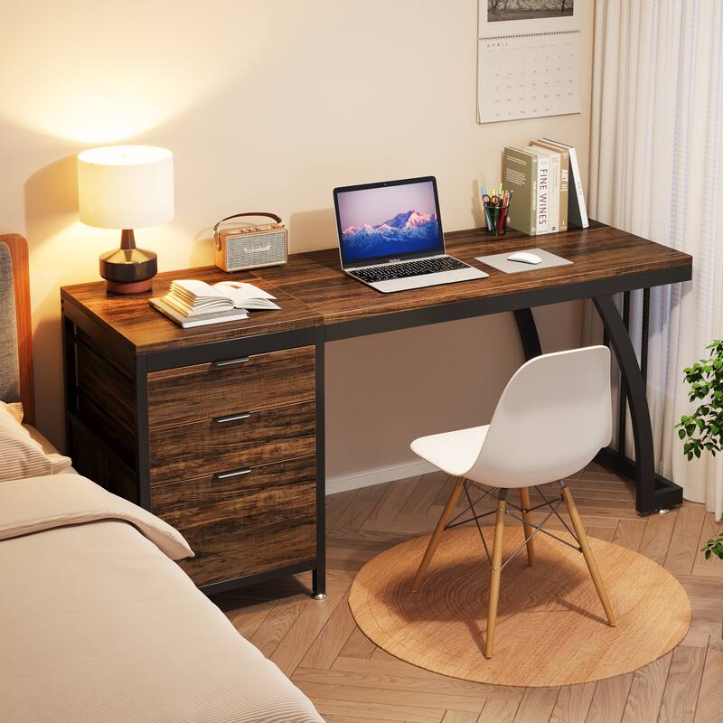 59 inch Reversible Computer Desk with 3 Drawer Cabinet, Industrial Study Writing Table Workstation for Home Office Bedroom