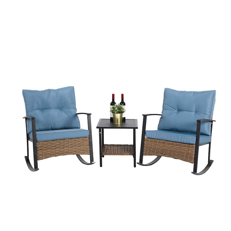 Wicker Rocking Chairs for Outdoors 3 Piece, Patio Rocking Chairs Set of 2, Patio Furniture Set - Blue