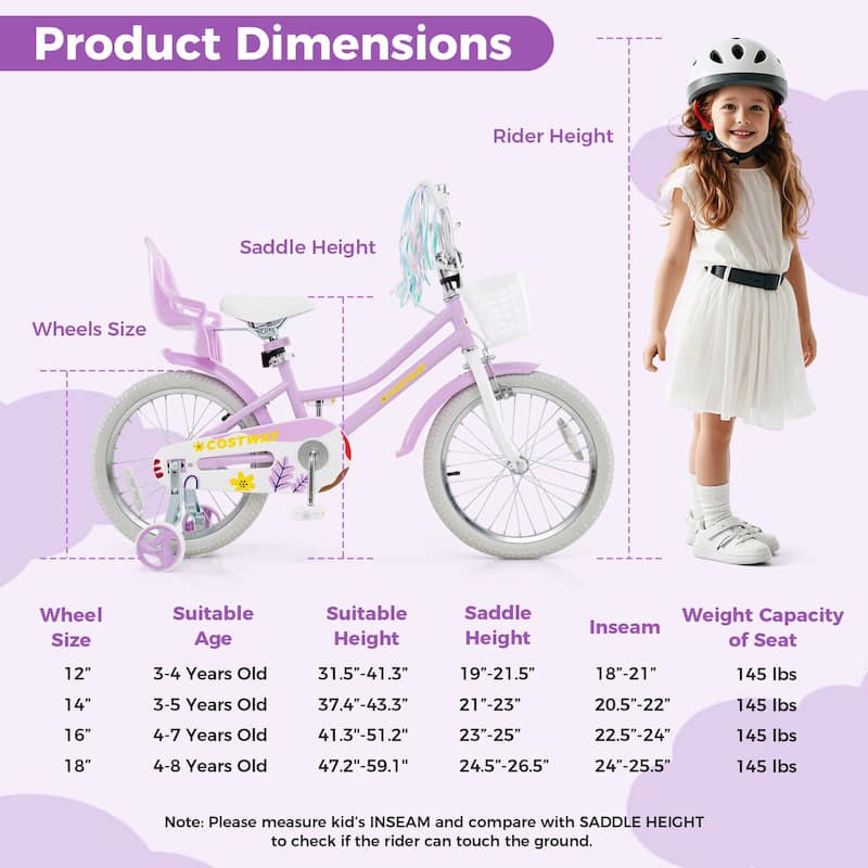 Costway 16" Kids Bicycle with Basket Doll Seat Colorful Streamers - See Details