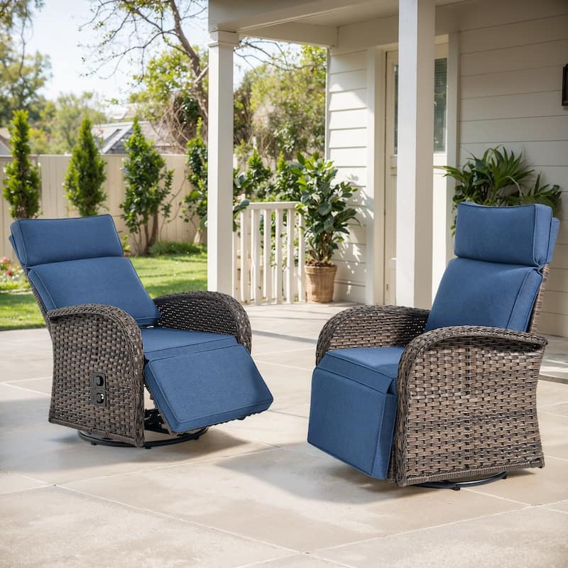Meyreso 2-Piece Wicker Swivel Reclining Chaise Lounge with Adjustable Backrest & Footrest - Blue-set of 2
