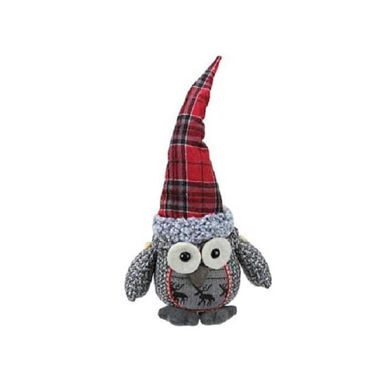 Plush Owl with Plaid Hat Christmas Figure - 16.75" - Red and Gray