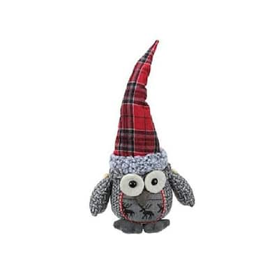 Plush Owl with Plaid Hat Christmas Figure - 16.75" - Red and Gray