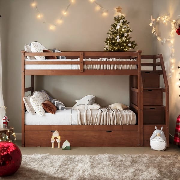slide 2 of 51, Twin Over Twin Bunk Bed With Twin Trundle and 3 Storage Stairs for Kids Walnut