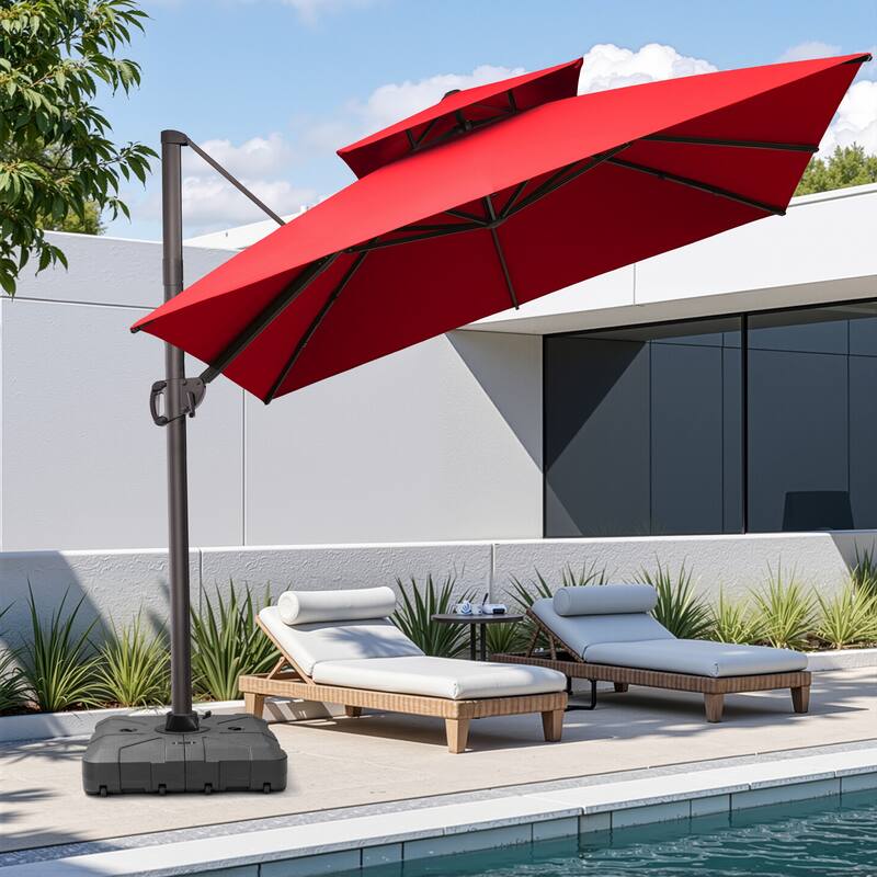 10.5ft Patio Outdoor Double Top Cantilever Offset Umbrella w/base - Red