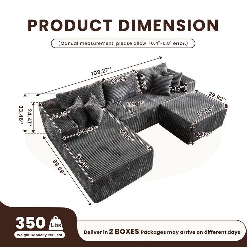 HOOOWOOO Modern Plush Corduroy L-shaped Sofa Chaise Lounge with Ottoman