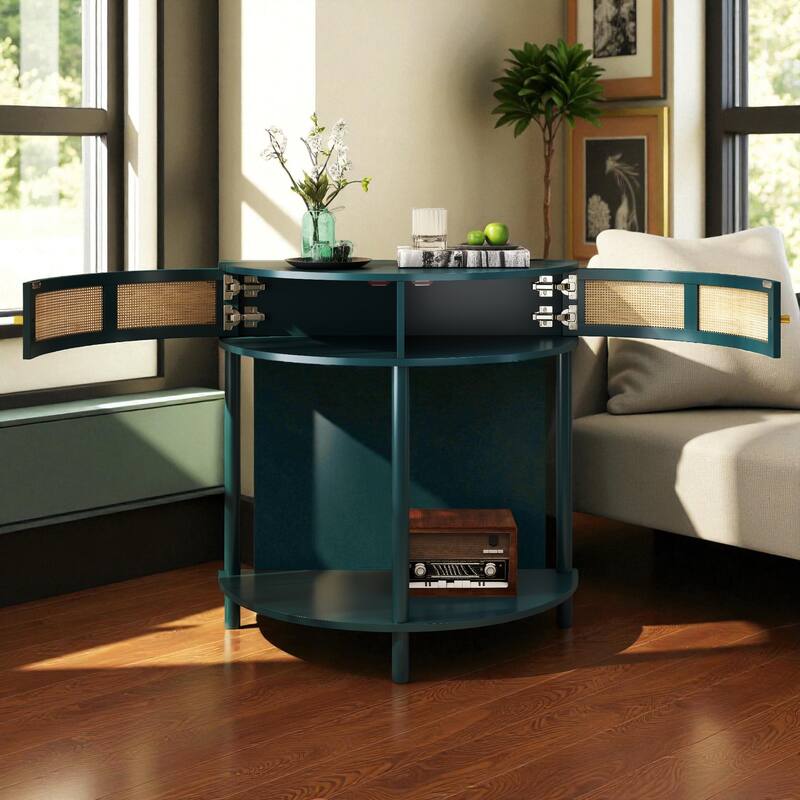 31.5" Half Moon Console Table with Sliding Rattan Doors, 2 Storage Cabinets and Bottom Shelf for Entryway or Living Room