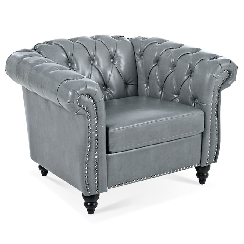 Gray PU 38.98" Buttons Tufted Accent Chair with Birch Legs