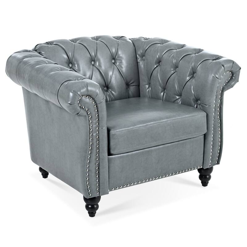Leather Single Sofa Chair Barrel Chair with Nailhead Trim, Stylish Corner Chair Side Chair with Rolled Armrests