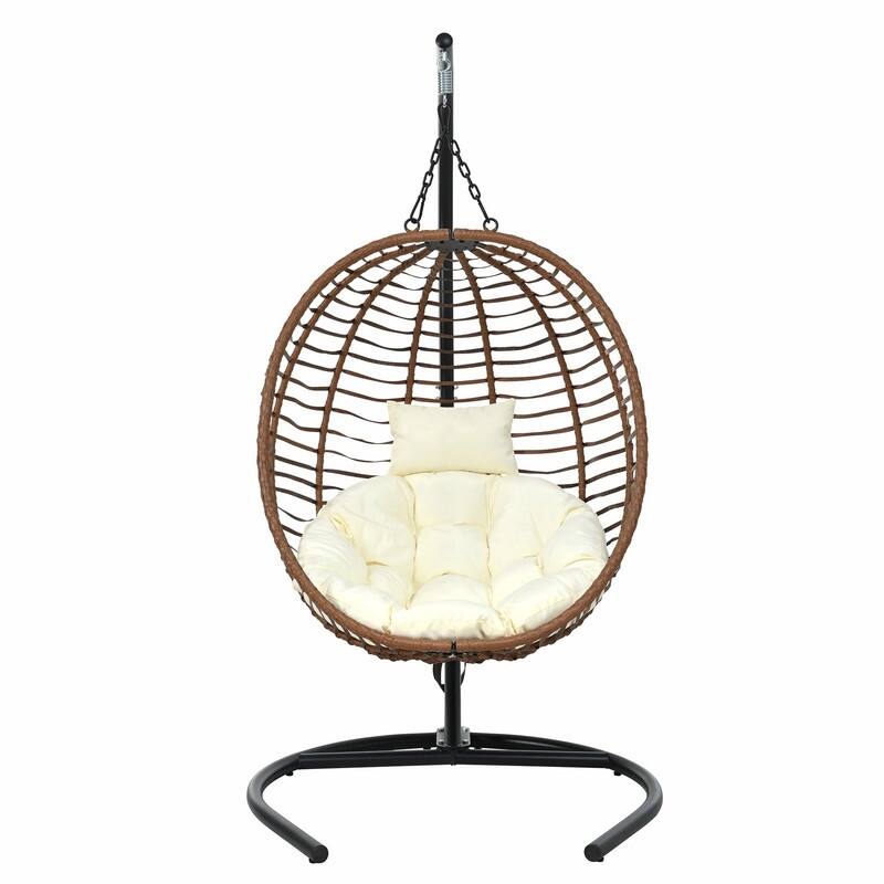 Single Person Folding Egg Chair with Stand, Indoor Outdoor Hanging Wicker Swing Chair with Adjustable Feet