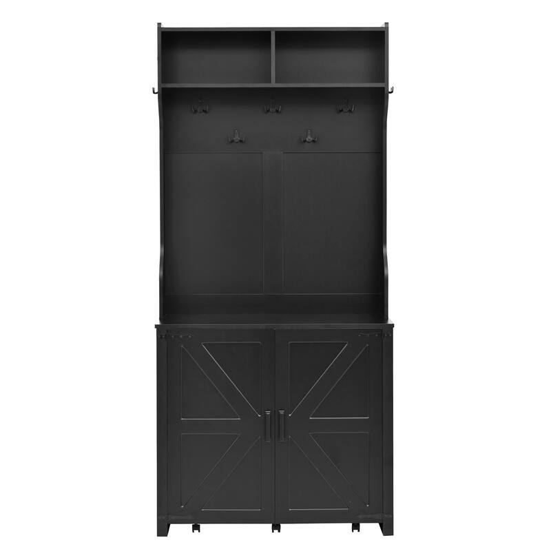 Farmhouse 4-in-1 Hall Tree with Barn Doors, Movable Bench with 7 Hanging Hooks and Shoe Storage Cabinet