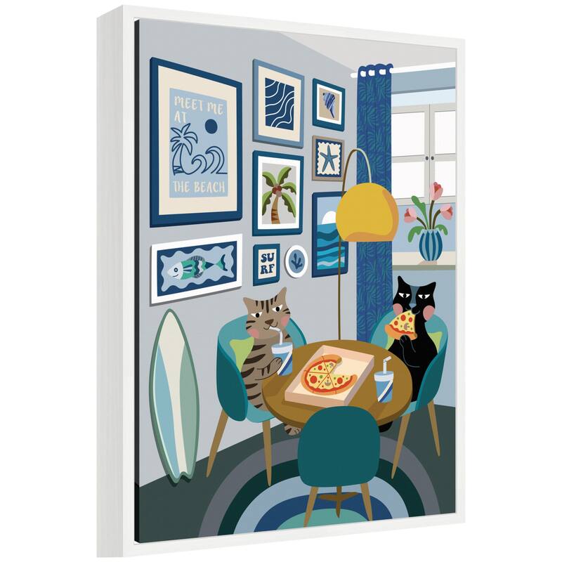 Kate and Laurel Pizza Cats by Rachel Lee 3 Birdies Studio Framed Canvas Wall Art Print - 18 x 24