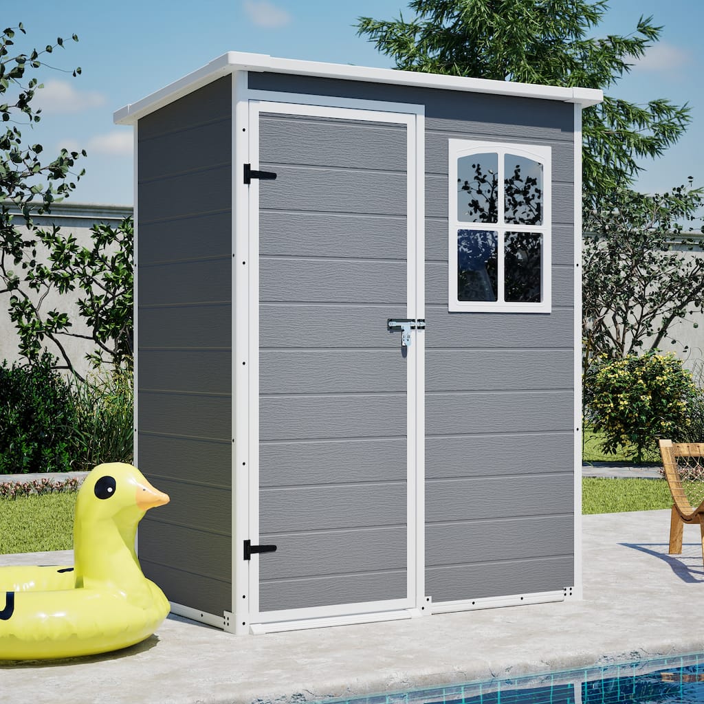 5x3ft Gray Resin Outdoor Storage Shed with Floor, Waterproof Lockable Design and Window - Ideal Tool & Garden Storage