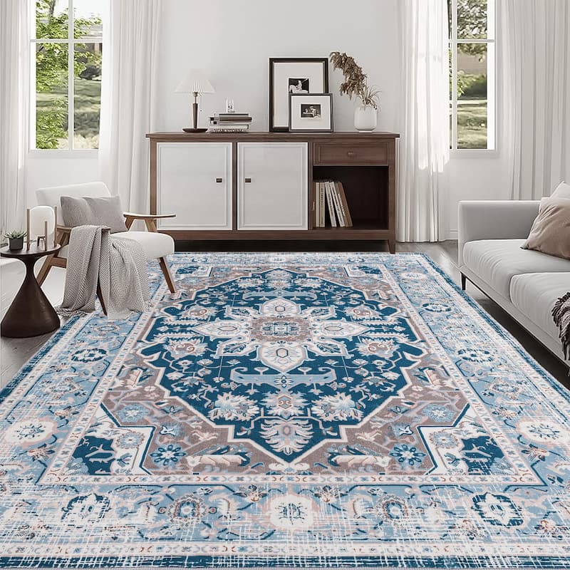 Area Rug 8x10 Vintage Bohemia Large Persian Non-slip Washable Rug Flower Design Blue - 8" x 10" - Blue