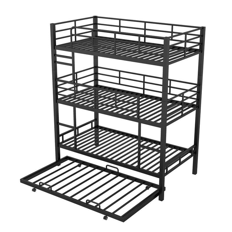 Twin Size Triple Bunk Bed with Trundle, Black, Heavy Duty Metal Construction