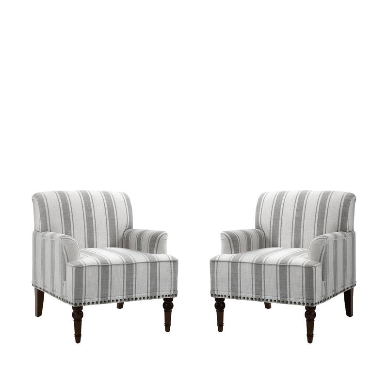 Set 2 Striped Upholstered Linen Armchair with Brass Nailhead Trim