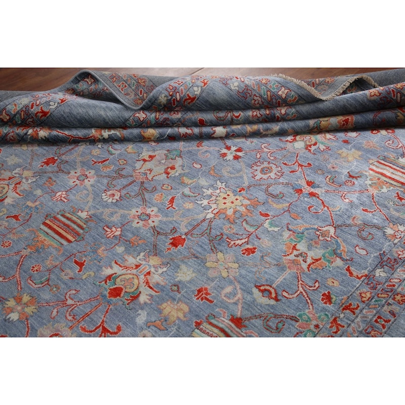 Hand Knotted Oriental 100% Wool Carpet Modern All-Over Navy Blue & Blues Art & Craft Area Rug - 12' 2'' X 8' 9''