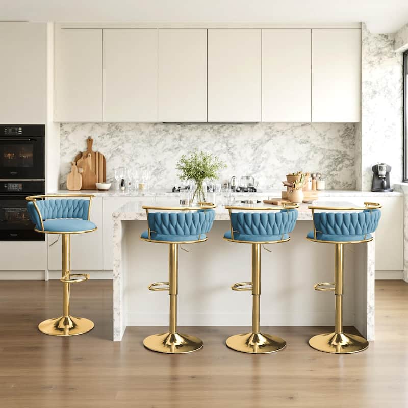 Velvet Upholstered Adjustable Bar Stool Swivel Counter Chair Set of 2 - Blue/Gold - Set of 4