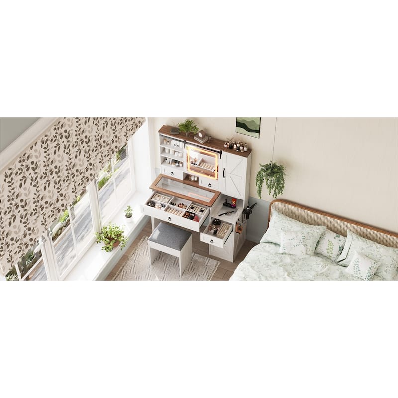Farmhouse Vanity Desk with Sliding Mirror and Lights