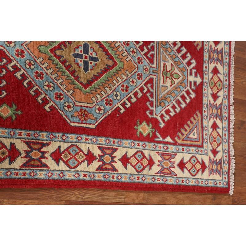 Red Geometric Kazak Oriental Accent Rug Handmade Wool Carpet - 2'8" x 3'11"