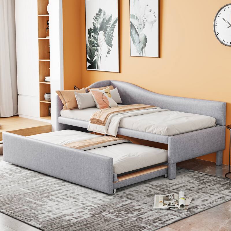 Roomfitters Twin Size Upholstered L-Shaped Daybed with Pop Up Trundle, Space Saving Fabric Sofa Bed Frame with Slats
