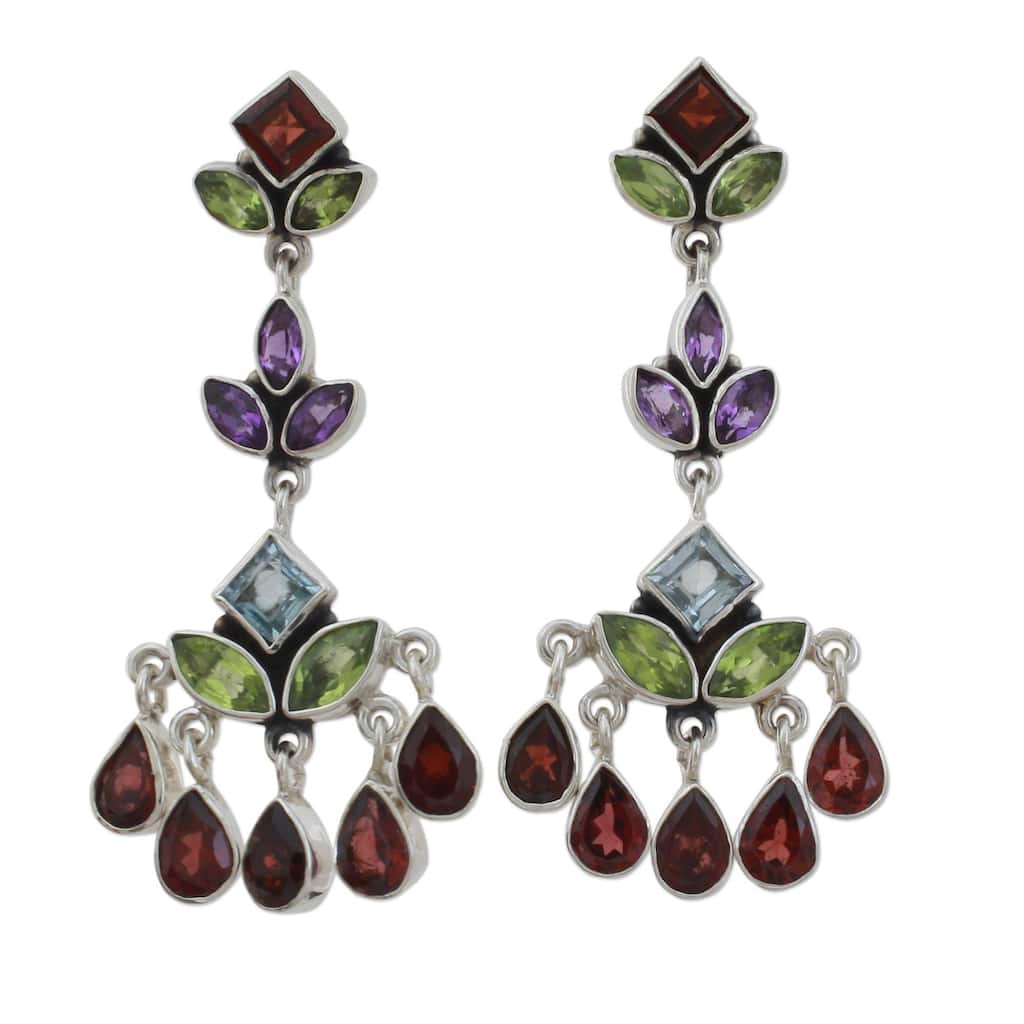 Handmade Sterling Silver 'Classic Radiance' Multi-gemstone Earrings (India) - 2.2*0.9