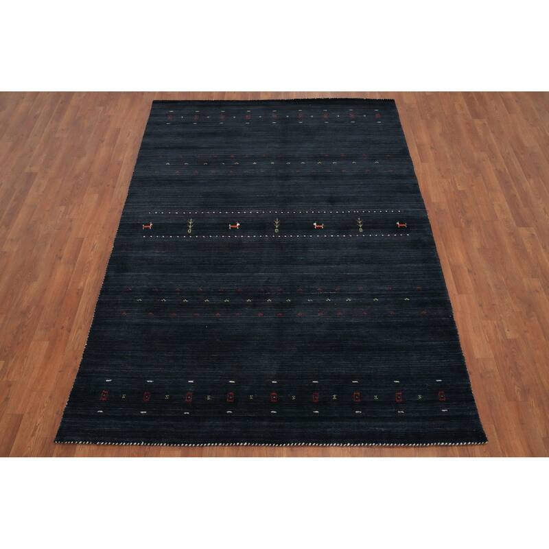 Hand Knotted Oriental 100% Wool Carpet Tribal Animal Pictorial Navy Blue & Blues Gabbeh Area Rug - 8' 0'' X 5' 7''