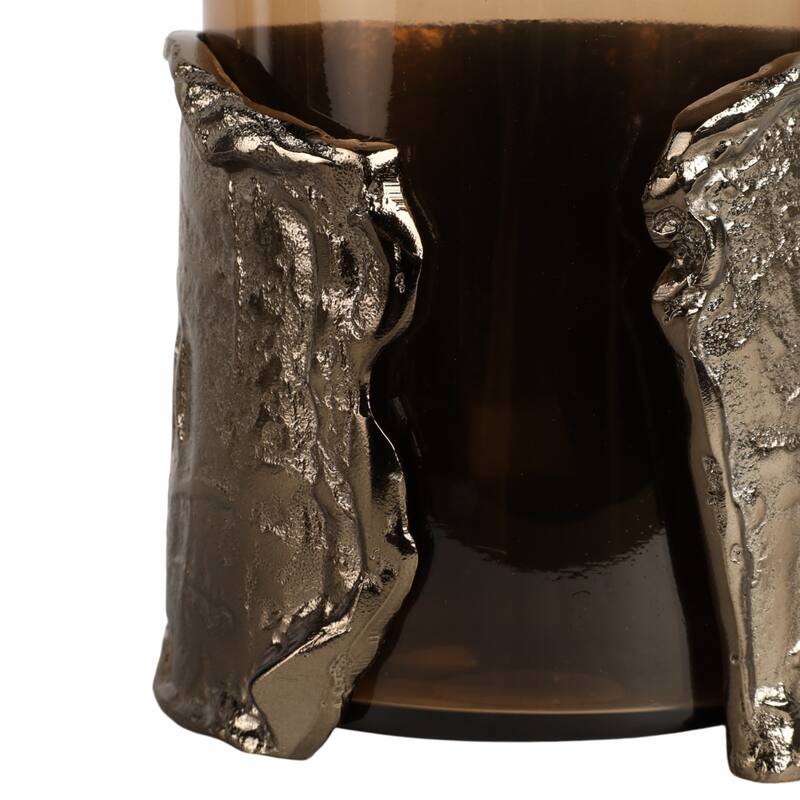 Candle Holder - Brown Glass with Metal Wraparound