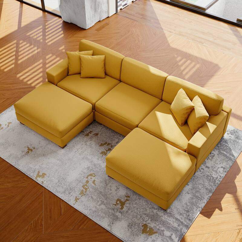 Modular Corduroy Sectional Sofa Set Chaise Couch with Ottoman