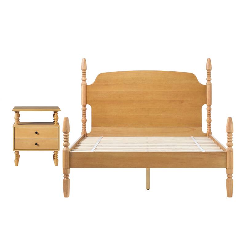Walker Edison Spindle Queen Bed with 2-Drawer Nightstand Bedroom Set