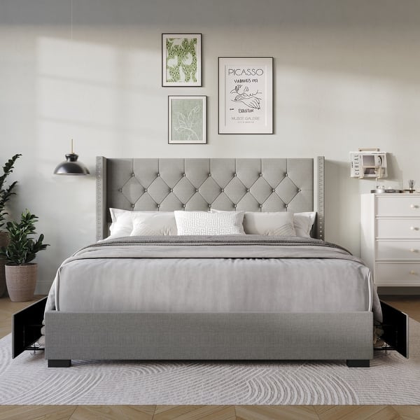 slide 2 of 16, Greeley Tufted Upholstered Storage Platform Bed Grey - Full
