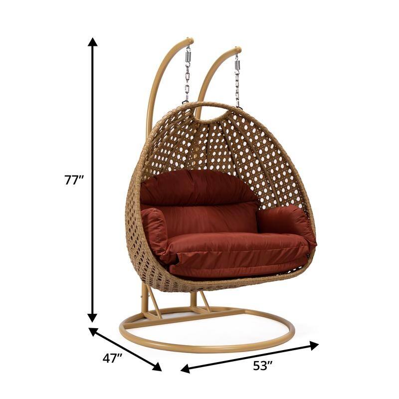 LeisureMod Mendoza 2-Person Hanging Egg Swing Chair - Handcrafted Light Brown Wicker, Patio Hammock Lounger with Cushions - 53"