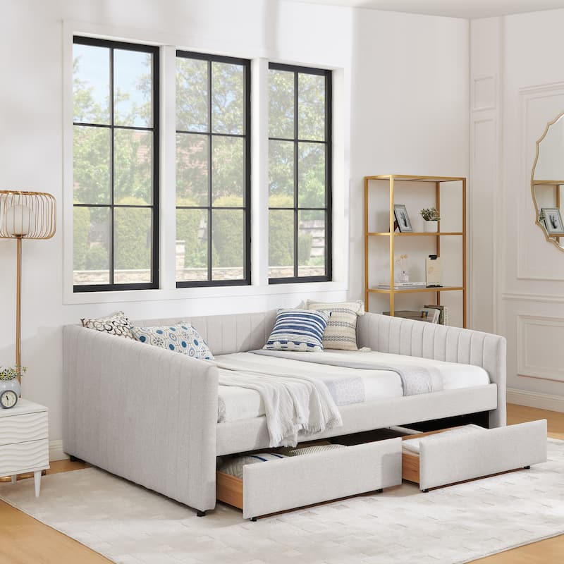 Roomfitters Queen Upholstered Daybed with Trundle and Storage Drawers, Vertical Striped Linen Sofa Bed