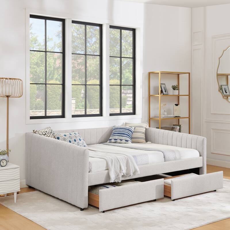 Vertical Stripe Linen Upholstered Sofa Bed Frame Queen Size Daybed U-shaped Captain Bed with Storage Drawers and Curved Arms