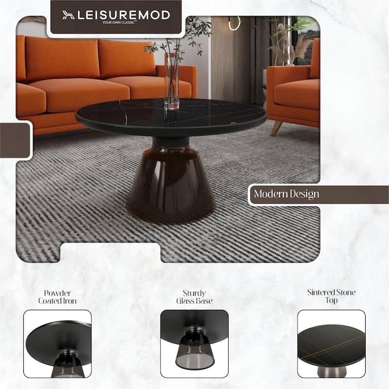 30-Inch Round Coffee Table Glass/Stone Tabletop with Black Iron Rim Frame Glass Pedestal Base