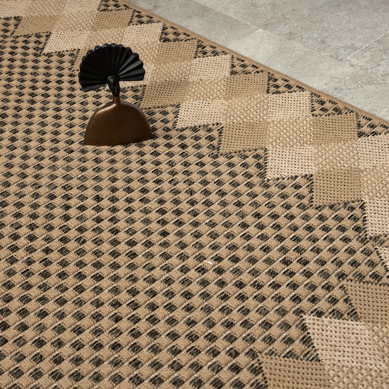 Abani Rugs Patio PAT130A Outdoor Grey Beige Checkered with Border Area Rug